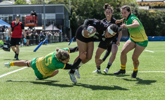 Deena Puketapu with captain Hayley Hutana in support scores a try in the semi-final game against Australia as the Defence Ferns secure a spot to play in the final of the IDRC