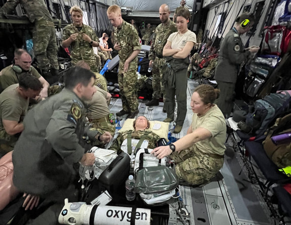 Personnel from the New Zealand Defence Force Aeromedical Evacuation team on-board Royal Air Force A400M Atlas during Mobility Guardian 23.