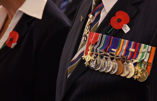 A close up shot of the left side of a persons chest. They are wearing medals on the left, with a poppy above them.
