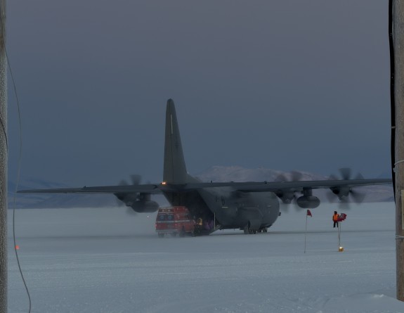 A Royal New Zealand Air Force C-130J Hercules at Phoenix Airfield, Antarctica during a medical evacuation mission. Credit: Justin Busbridge