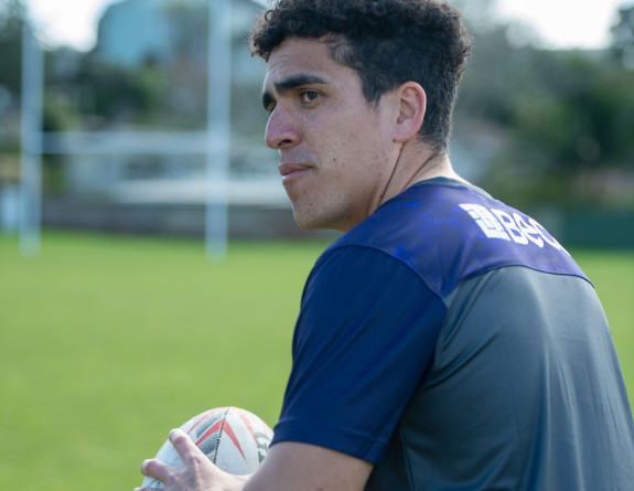 Royal New Zealand Navy Able Electronics Technician Conrad Kutia, of Te Taua Moana rugby team, will be competing in the Commonwealth Navy Rugby Cup tournament in the United Kingdom this month. Conrad has his back to the camera and is ready to pass the rugb