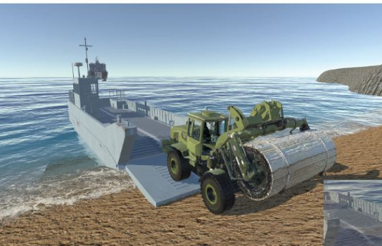 A driving simulator screen showing a simulated NZDF Landing Craft (Mechanised)