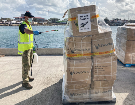 An NZDF personnel wearing masks and gloves, sprays and sanitises a cargo load on the docks of Tonga.
