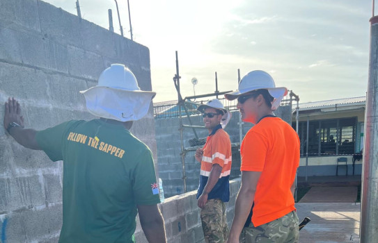 Lance Corporal Mitchel Voice (NZDF), Sapper Bennet Farquharson (NZDF) and Sapper Tuitoga Lewadamu (RFMF) discussing the morning’s tasks