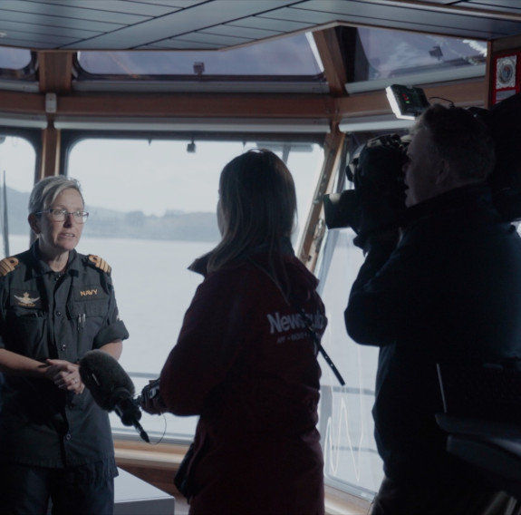 HMNZS Manawanui's Commanding Officer Commander Yvonne Gray, speaks to Stuff reporters in Gisborne,