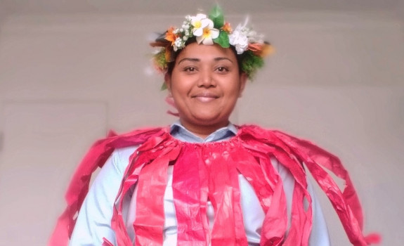 A Royal New Zealand Air Force airman wearing tradition dress from their home of Tuvalu