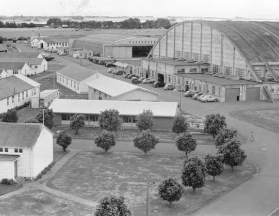 A black and white historical image of buildings at Base Ohakea