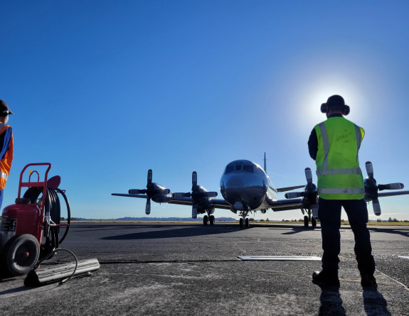 An RNZAF Orion Aircraft prepares to depart Base Auckland, to assist in an initial impact assessment of the area and low-lying islands.