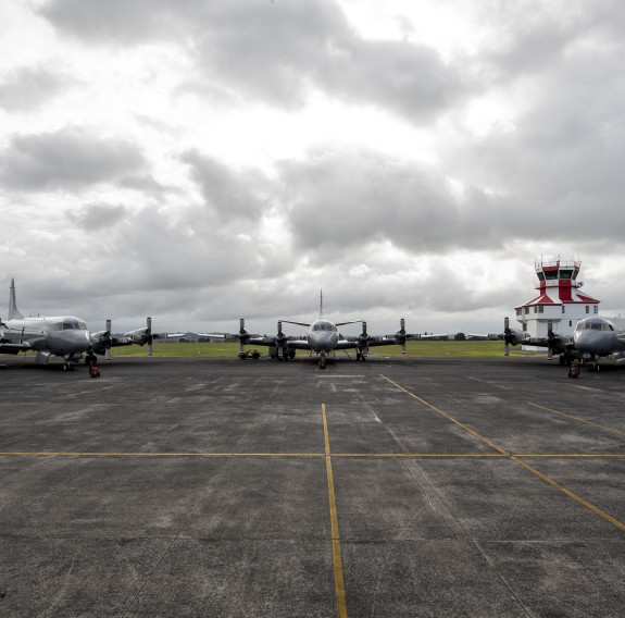P-3K2 Orion aircraft preparing to depart RNZAF Base Auckland, at Whenuapai, for a three-ship formation flight before the fleet retires at the end of the month.