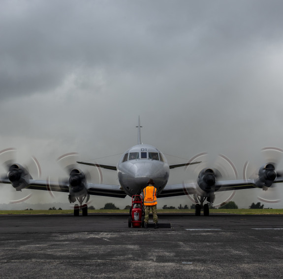 P-3K2 Orion aircraft preparing to depart RNZAF Base Auckland, at Whenuapai, for a three-ship formation flight before the fleet retires at the end of the month.