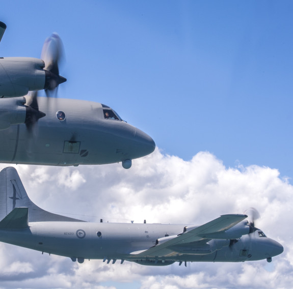 P-3K2 Orion aircraft taking part in a three-ship formation flight over the North Island, before the fleet retires at the end of the month.