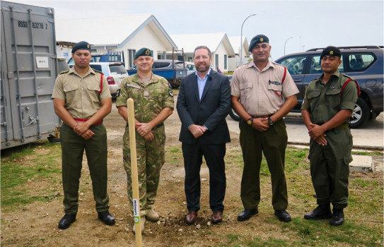 NZ High Commissioner His Excellency Matt Howell, NZDF Technical Adviser CAPT Geoff Bright, and three member of His Majesty’s Armed Forces (HMAF) leadership team, LT Jonathan Taumoefolau, WO1 Fifita Sili, and SSGT William Moala attend the ground breaking.