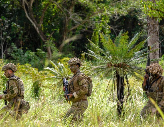 three army soldiers patrol through the high grass, bush in the background, each carrying a weapon and wearing helmets and body armour.