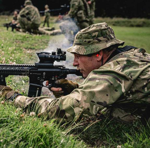 Private Gallant practices his shooting as part of the Reserve Force Infantry Corps Training
