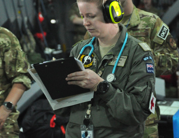 NZ Army Captain Victoria Markus from the Aeromedical Evacuation team on-board a Royal Air Force aircraft during Mobility Guardian 23.