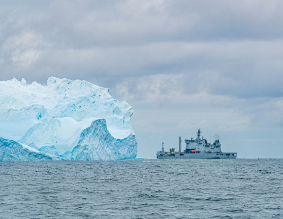 HMNZS Aotearoa sailing in Antarctic waters