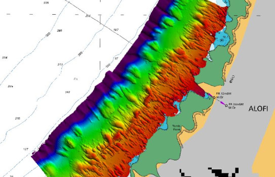 A 3D picture of the sea floor near Sir Roberts Wharf in Alofi, Niue, collected by multibeam echo sounder operated by military hydrographers from Matataua. The data collected gives an accurate shape of the seafloor which will help inform any future upgrade