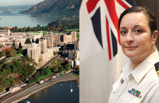 Aerial view of the United States Military Academy at West Point, USA (left) and a portrait photo of Commander (CDR) Prema McIntosh, Assistant Professor of Law (right).