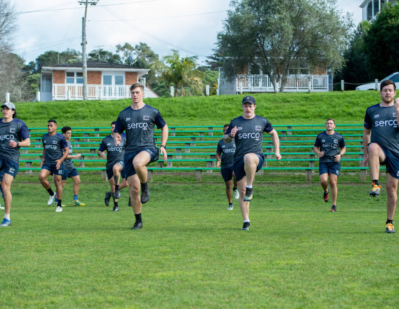 The Te Taua Moana rugby team, training before competing in the Commonwealth Navy Rugby Cup tournament in the United Kingdom this month. (Front Row Left to Right) Ordinary Marine Technician Hunter Taylor, Ordinary Marine Technician Tristian Reed, Leading D