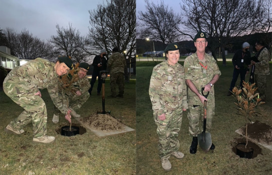 COL Esther Harrop and MAJ David Ackroyd planted a tree in recognition of the trades in Trentham.