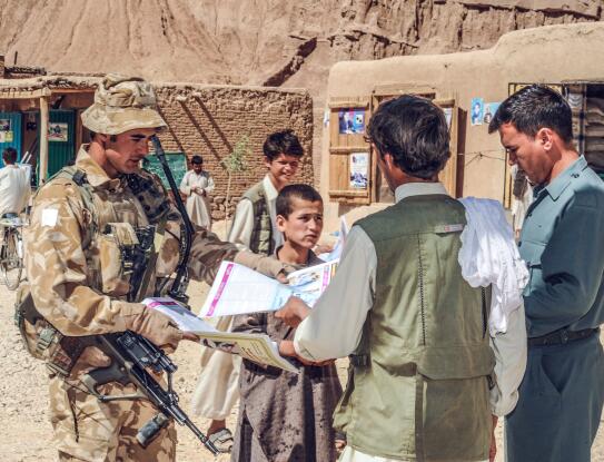 Soldier in Afghanistan talking with local people