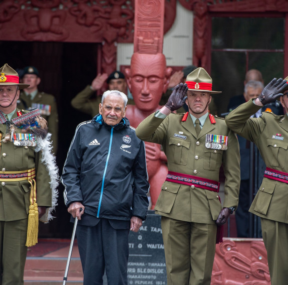 Major General John Boswell, left, Sir Robert ‘Bom’ Gillies (the sole surviving member of the Māori Battalion), Colonel Trevor Walker and Colonel (Retired) Ray Seymour take part in Saturday’s ceremony at Waitangi