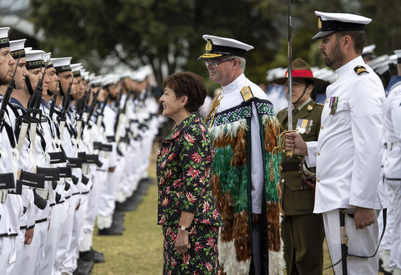 Former Governor-General Dame Patsy Reddy inspects the Royal Guard along with Chief of Navy, Rear Admiral David Proctor.