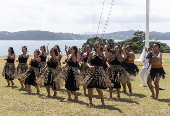 The NZDF Māori Cultural Group perform on the Treaty Grounds during the Waitangi Day commemoration in 2021.