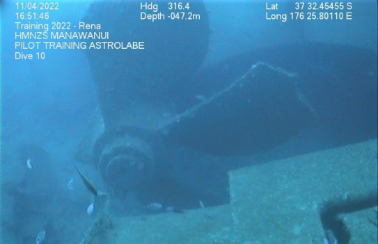 The propeller of MV Rena captured underwater at a depth of -47.2m with the ROV.