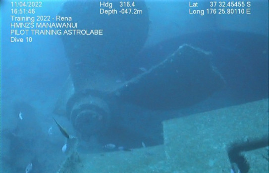 The propeller of MV Rena captured underwater at a depth of -47.2m with the ROV.